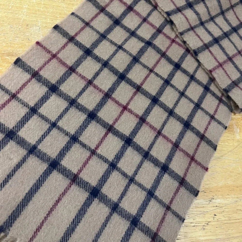 Vtg Brooks Brothers 346 Lambswool Scarf Made in Scotland Plaid Tan Navy‎ Preppy